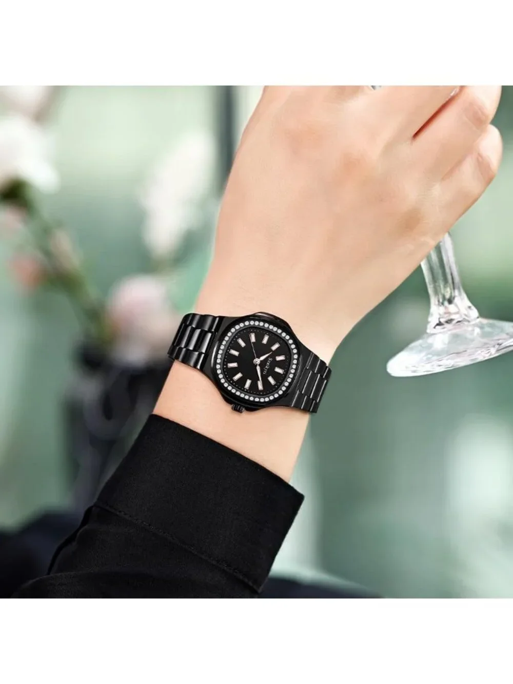 Women's Black Crystal Accented Solid Stainless Steel Band Dress Wrist Watch
